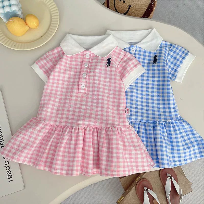Summer Plaid Skirt Korean Children's Clothing Pink and White Plaid Polo Casual Stylish 2026 New Sweet Girl's Dress