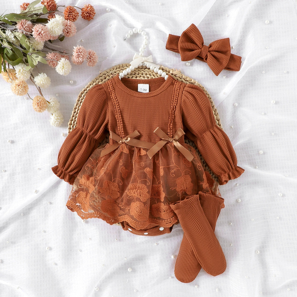 Amazon Foreign Trade Baby and Children's Clothing European and American Style Spring and Autumn Long-Sleeve Mesh Patchwork Romper + Foot Socks + Headband