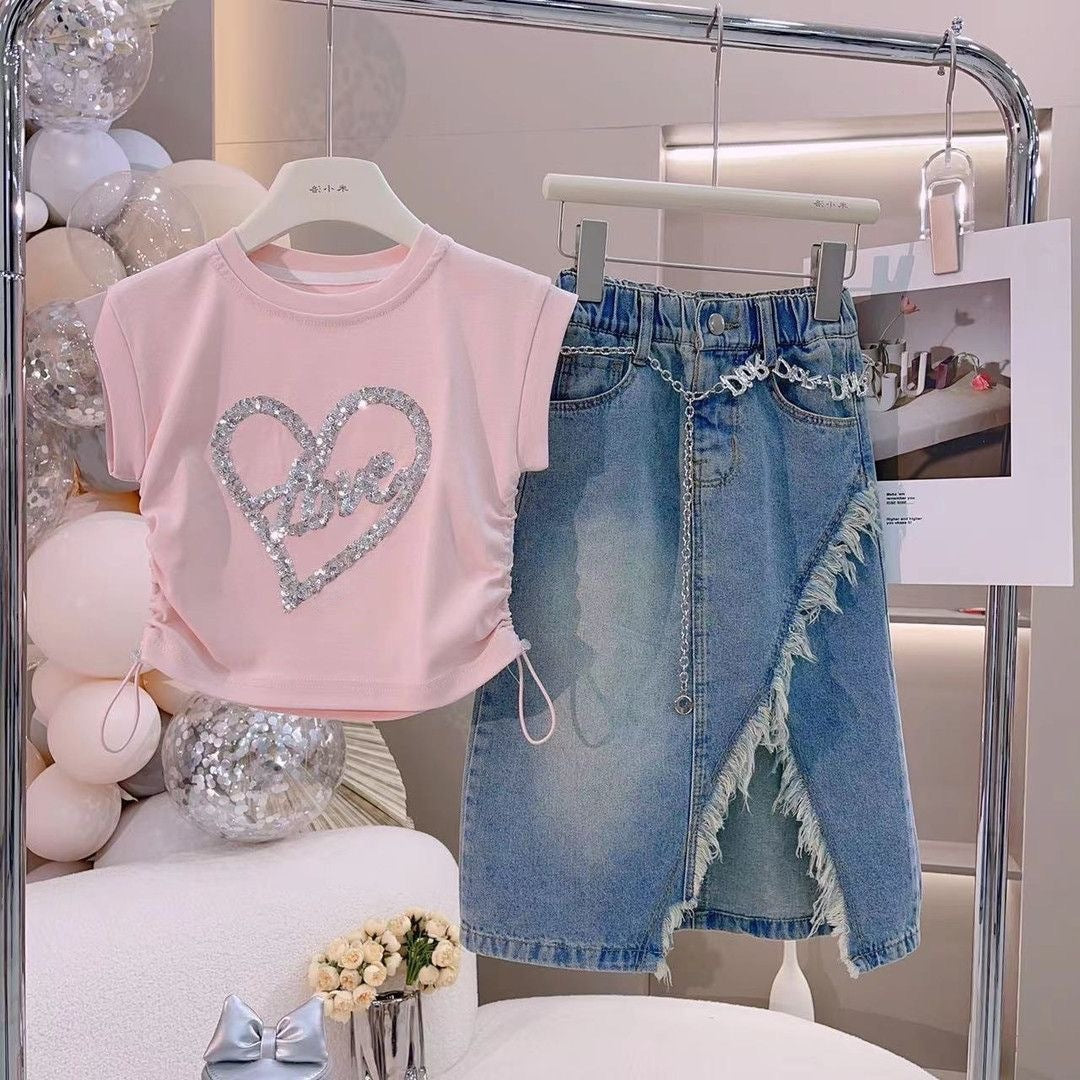 Girls' Summer Outfit 2026 New Stylish Sequin Heart Short-Sleeve Top with Denim Skirt Two-Piece Set Trendy