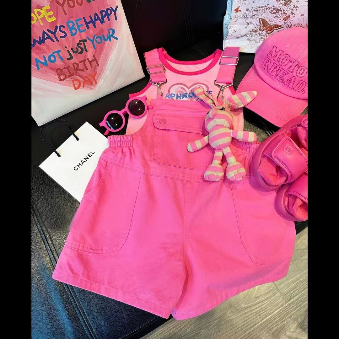 Girls' Summer Casual Overalls Stylish Rose Red Suspender Pants 2026 New Model for Older Children Loose and Versatile