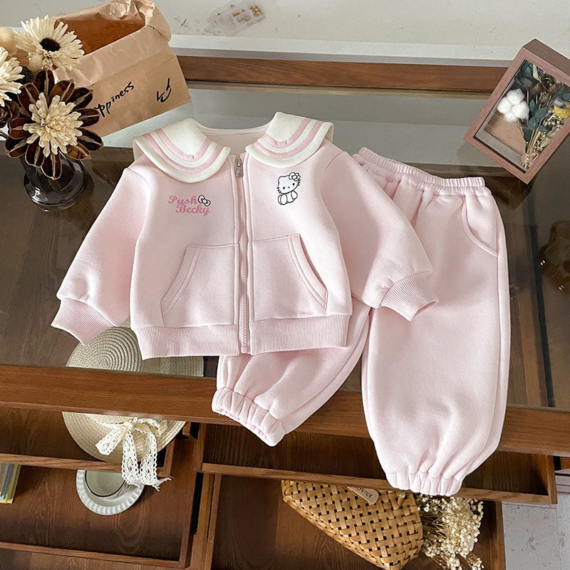 [Ready Stock] Qt252152 Girls' Suit 2026 Spring New Korean Style Hello Kitty Cat Embroidered Lapel Children's Suit