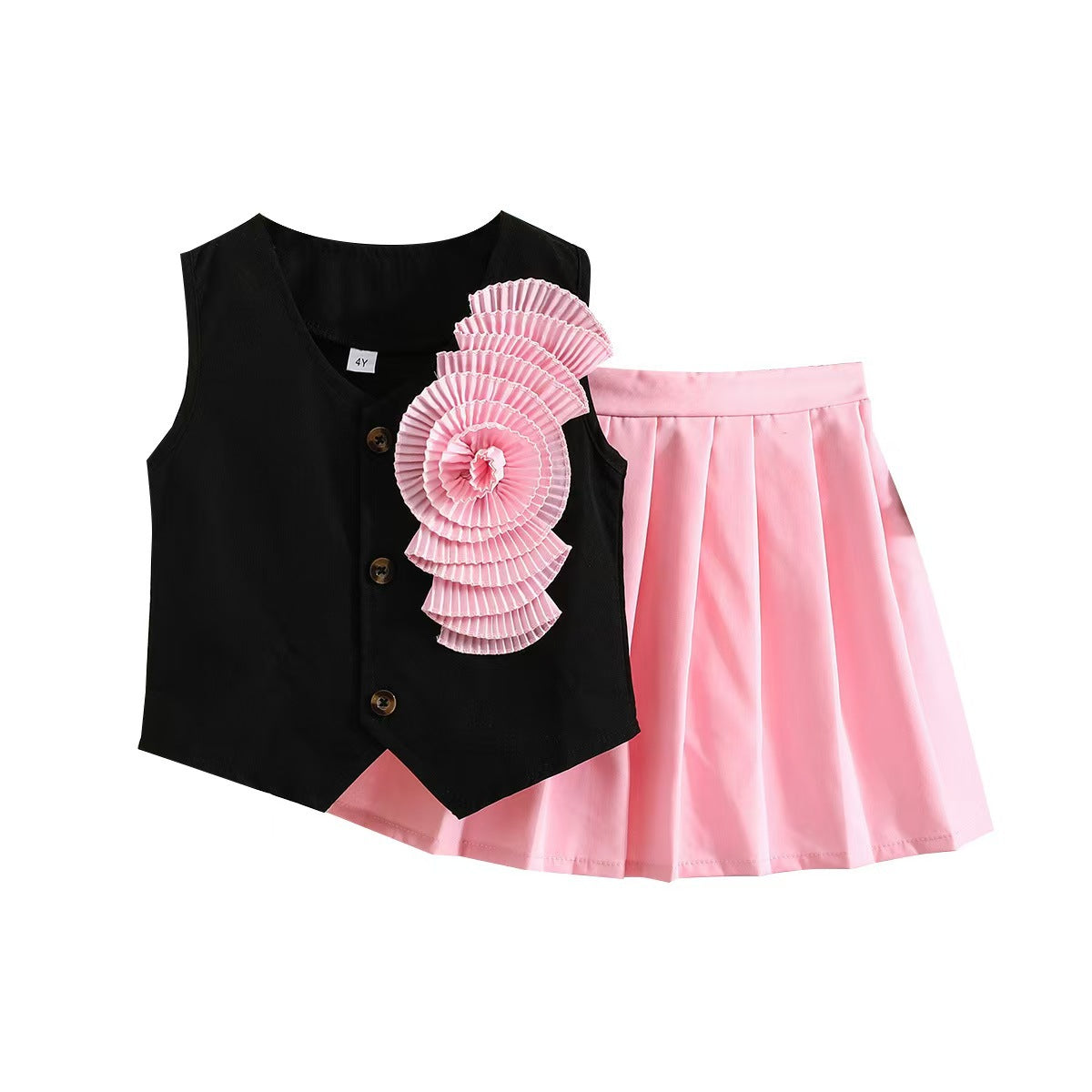 Children's clothing Cross Border Girls Summer Satin Flower Sleeveless Top Pink Pleated Skirt