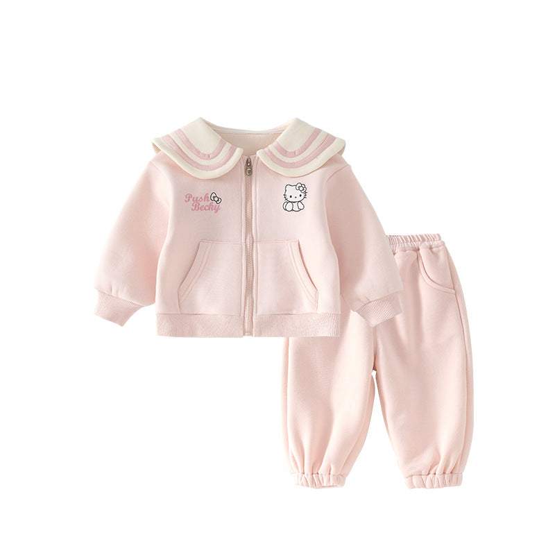 [Ready Stock] Qt252152 Girls' Suit 2026 Spring New Korean Style Hello Kitty Cat Embroidered Lapel Children's Suit
