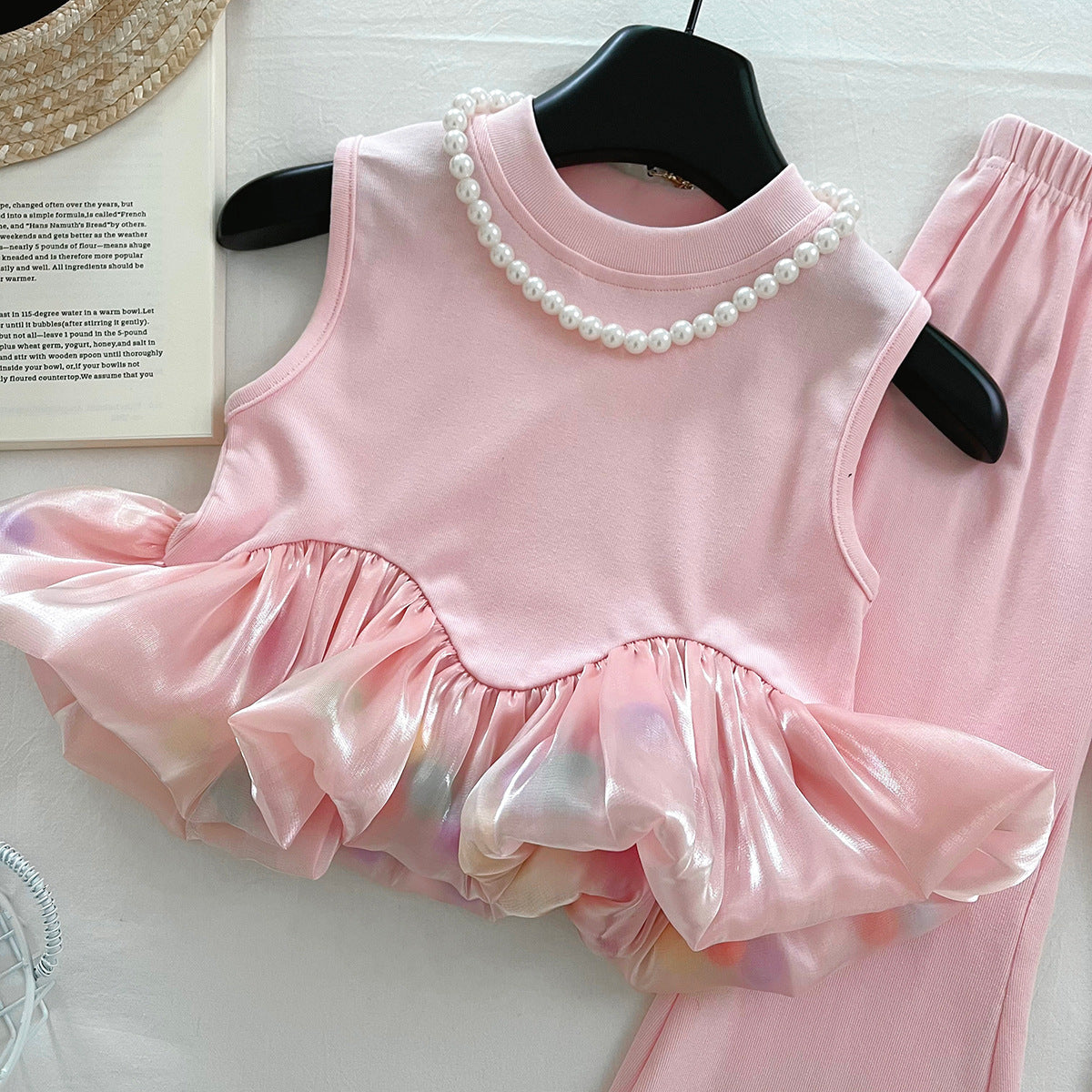 2026 New Summer Girls' Outfit Sleeveless Floral T-Shirt Lace Leggings Thin Princess Set 17284