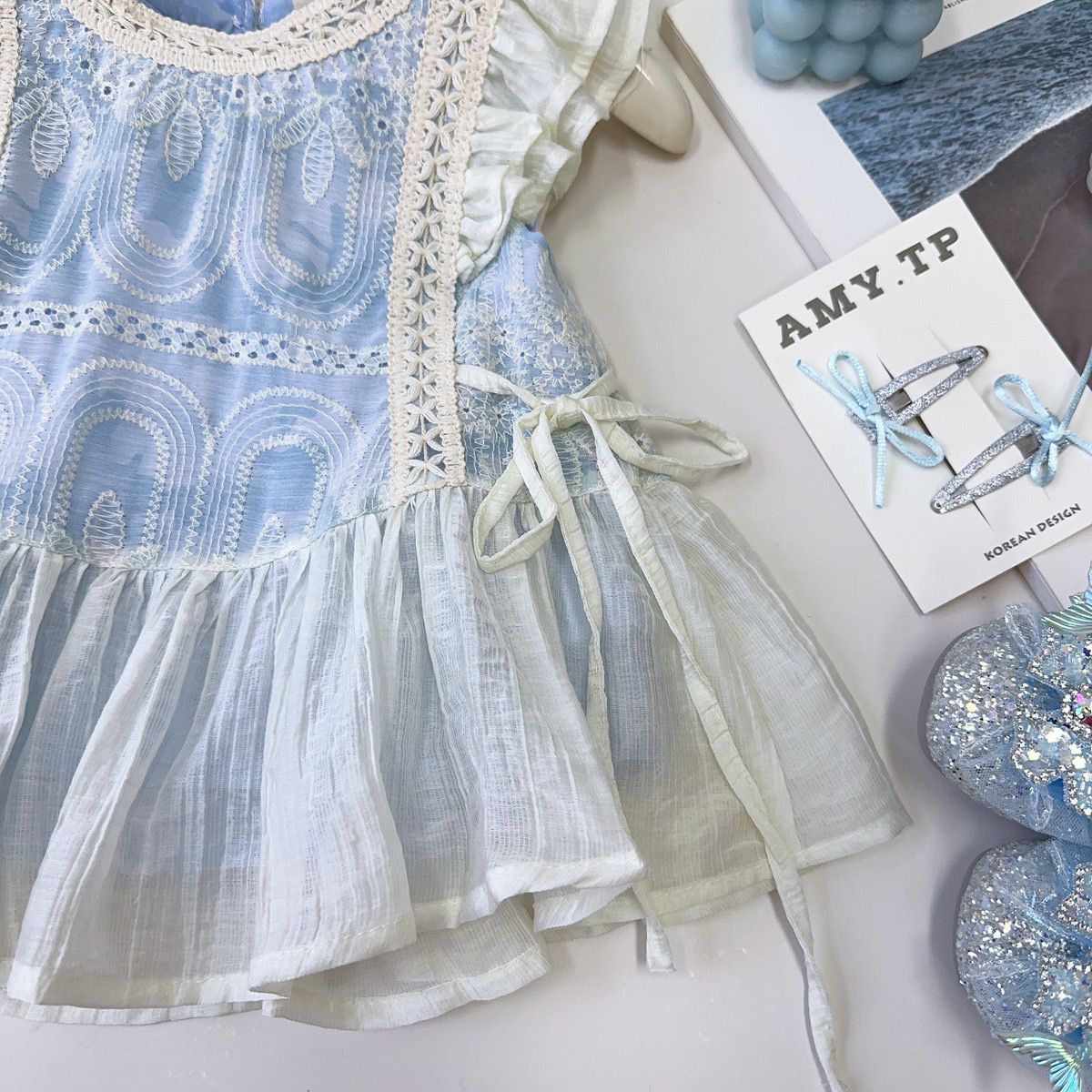 Girls' suit 2025 Summer New Flying Sleeve Lace Vest Top Shorts Korean Style Baby Girl Princess Two-piece Set
