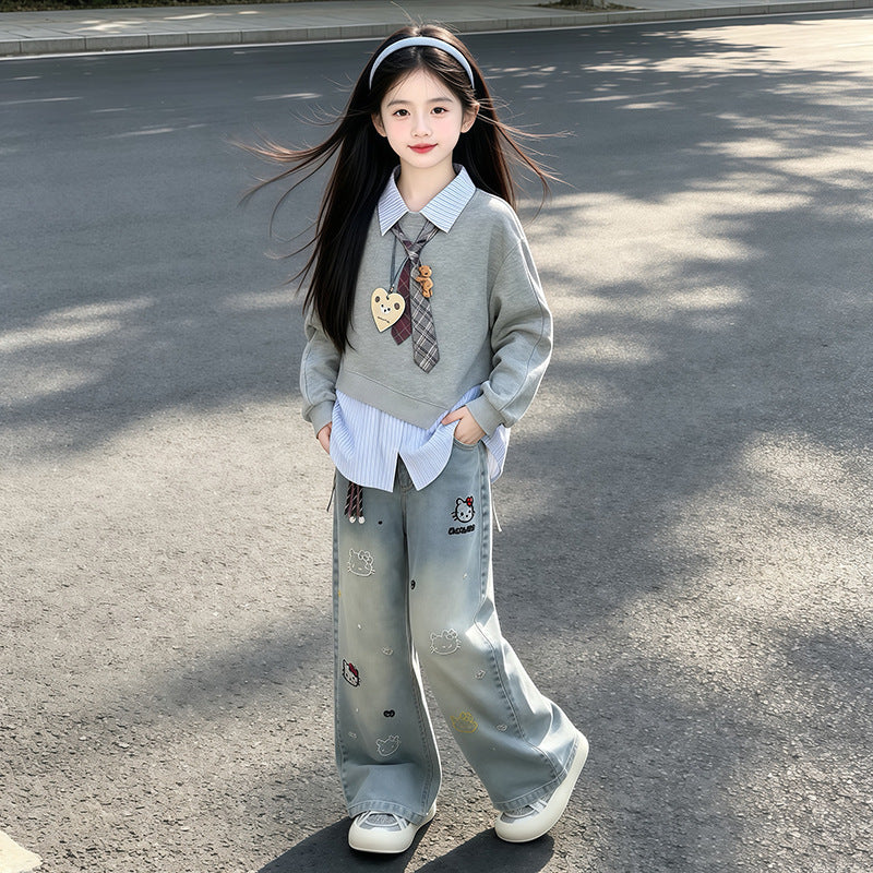 Girls' Spring and Autumn Sweatshirt Set 2026 New Style for Older Girls, Casual Top and Children's Denim Wide-Leg Pants Two-Piece Set