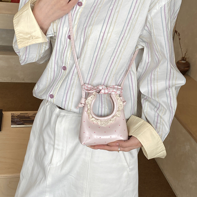 Cross-Border Children's Bag New Style Girls' Bow Lace Handbag Printed Polka Dot Half-Moon Girls' Parent-Child Crossbody Bag