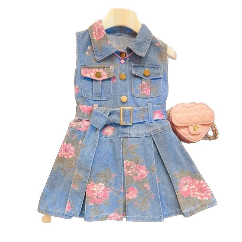 Girls Korean Summer 2025 Fashion Sleeveless Princess Denim Dress for Kids