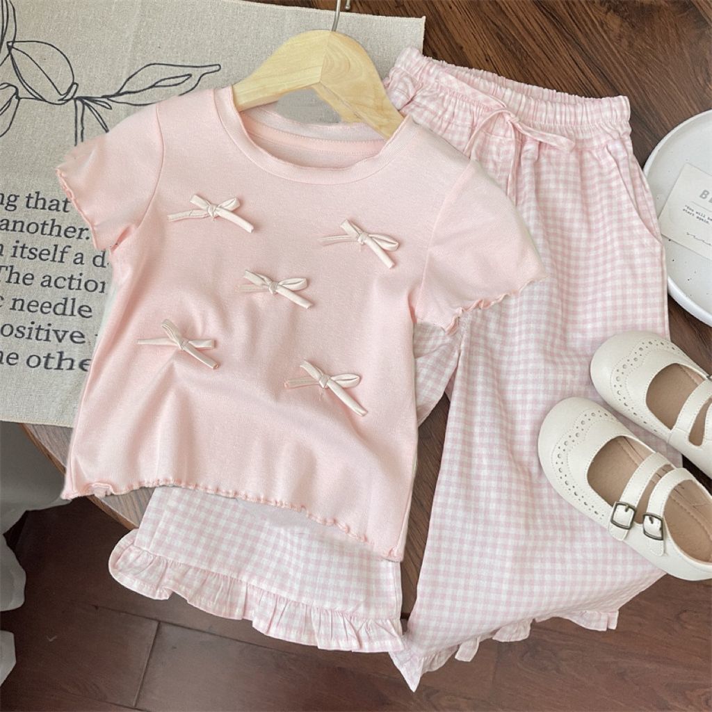 Girls' Summer Outfit 2026 New Korean Style Bowknot Short-Sleeve T-Shirt with Plaid Lace Wide-Leg Pants Two-Piece Set