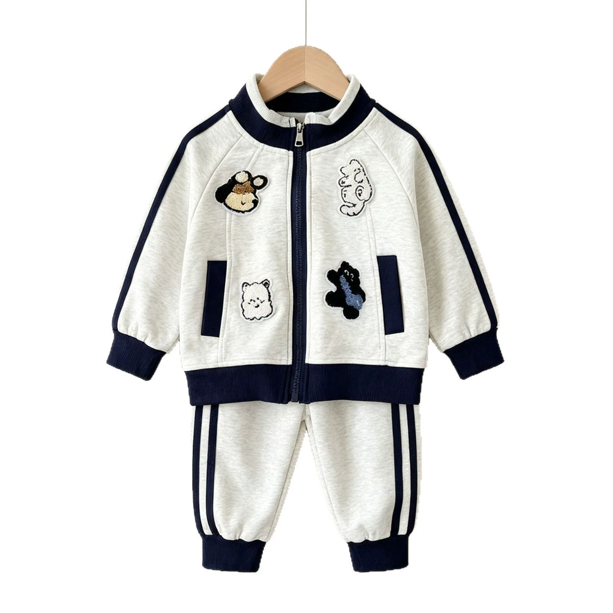 Spring and Autumn New Style Boys and Girls Stand Collar Towel Embroidery Raglan Sports Set, Cartoon Stylish Casual Two-Piece Set for Young Children