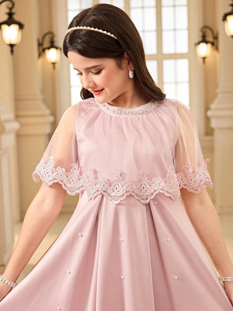 Girls' Soft Pink Lace Beaded Mesh Dress with Small Flying Sleeves and Waist-Cinching Princess Dress