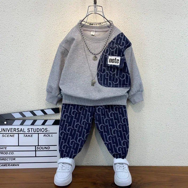 Children's Clothing Boys' Suits Autumn Outfit for Young Children Long-Sleeved Fake Two-Piece Sweatshirt Casual Pants Children's Sportswear Two-Piece Set Trendy