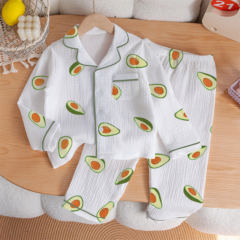 Children's Pajamas Class a Pure Cotton Printed Long-Sleeved Cardigan Lapel Set Cartoon Printed Pajamas Cute Kidsren's Clothing Set