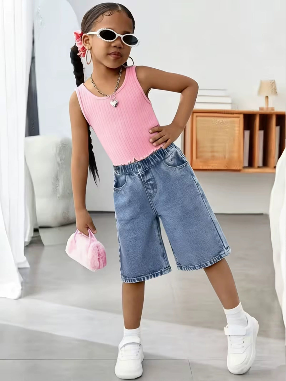 Girls' denim shorts for summer, versatile new style for older children, thin, stylish, loose, casual mid-length pants