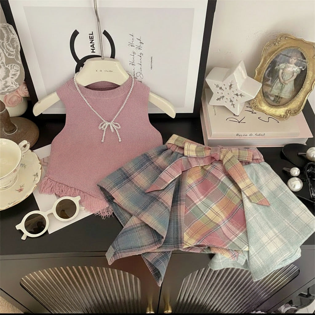 Lime Girl's suit Summer New Arrival Korean Style Tassel Vest Design Sense Plaid Culottes Two-Piece Set