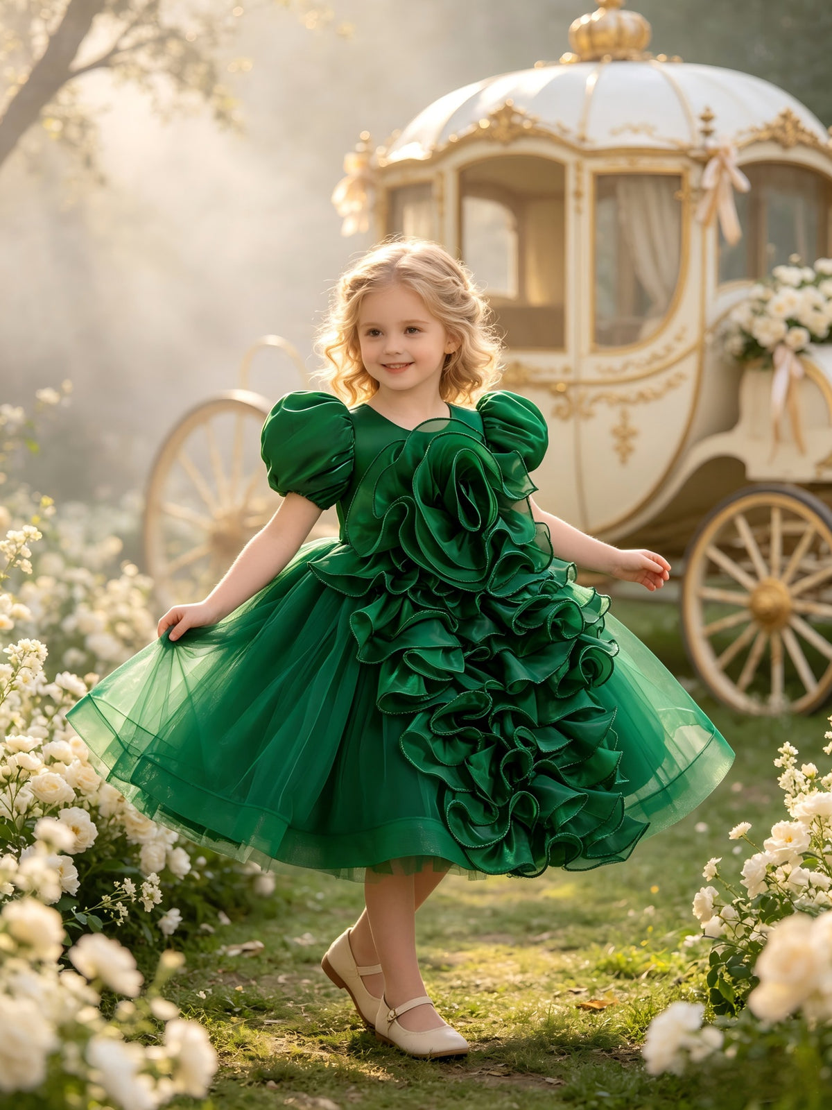 Cross-Border Children's One-Year-Old Formal Dress, Puffy Skirt, Puff Sleeves, Girl's 3D Floral Princess Dress, Birthday Performance Dress