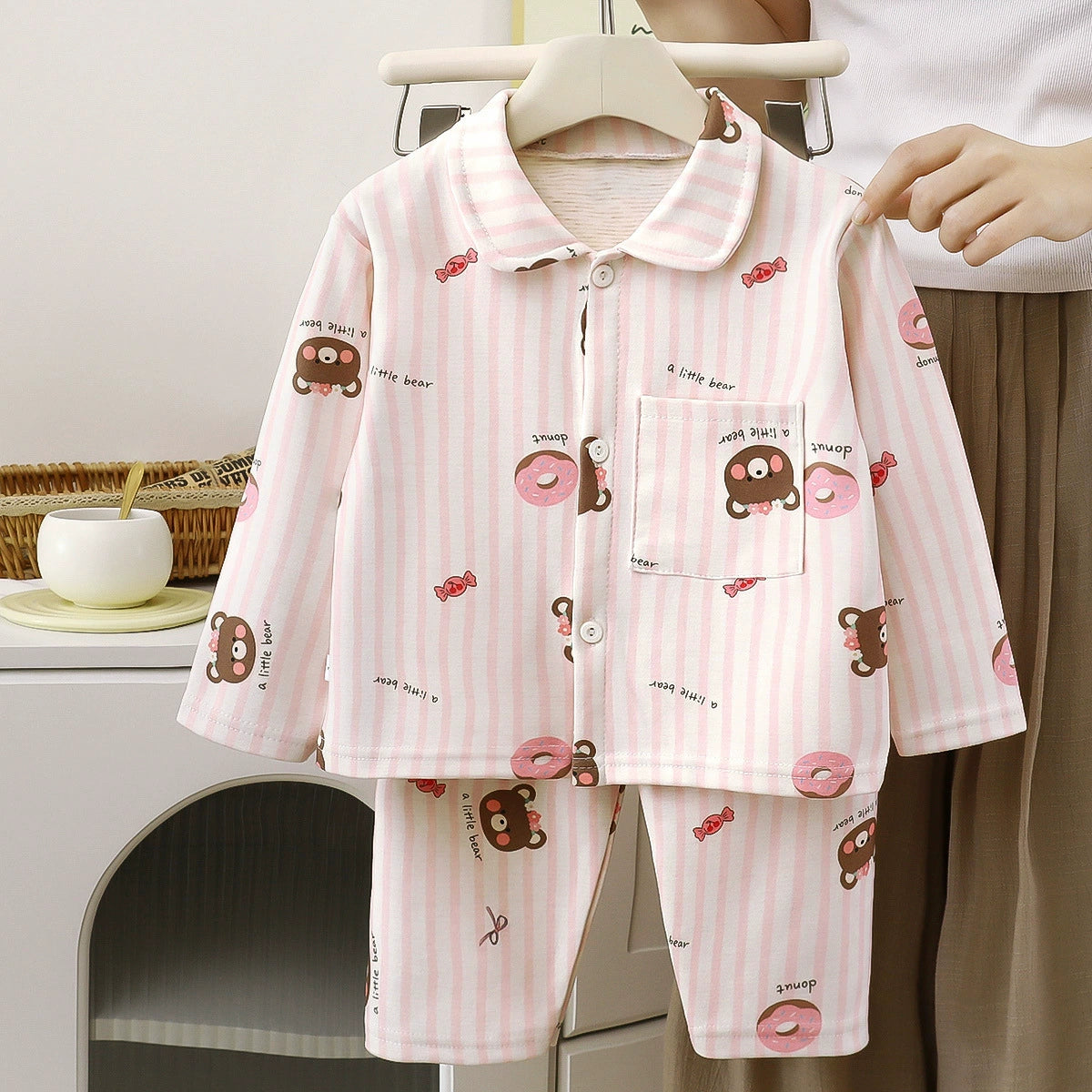 Children's Autumn and Winter Pajamas, Boys' and Girls' Wool and Silk Home Wear Set, Toddler's Turn-down Collar Cardigan Two-piece Set