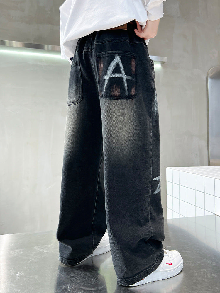 Boys' Jeans for Spring and Autumn, New Stylish Children's Long Pants, Trendy Loose Fit for Older Boys, Export Style