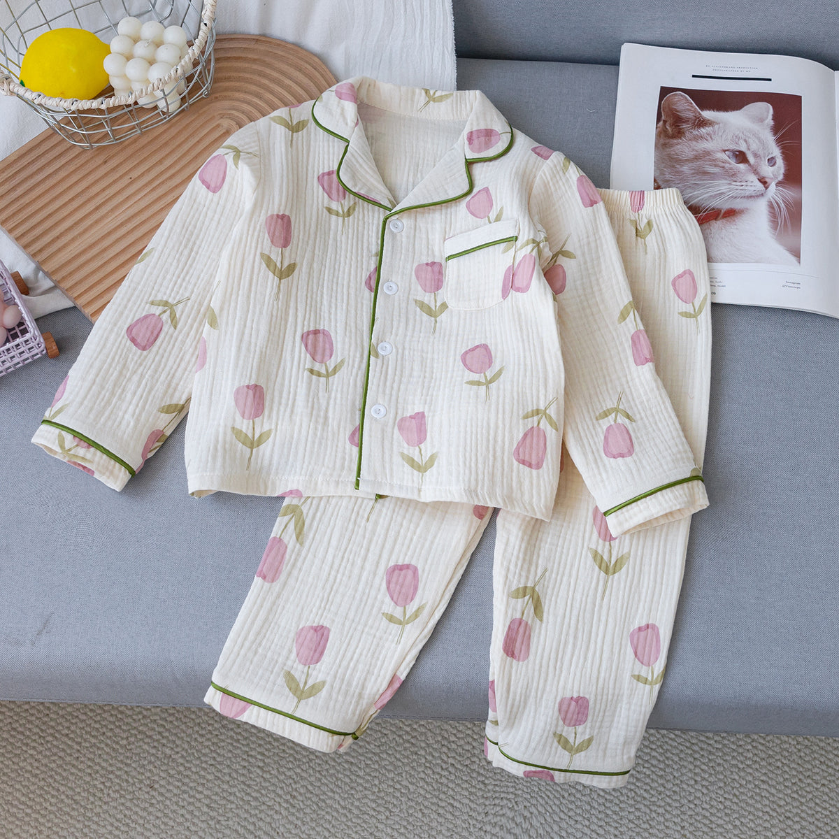 Children's Pajamas Class a Pure Cotton Printed Long-Sleeved Cardigan Lapel Set Cartoon Printed Pajamas Cute Kidsren's Clothing Set
