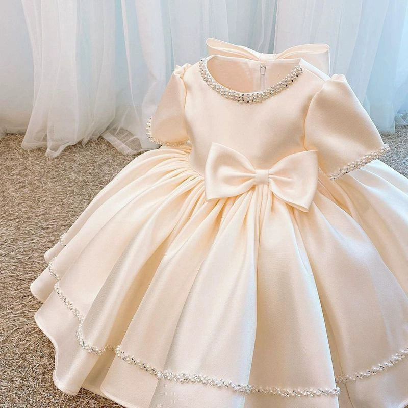 Factory Direct Sale In-Stock Champagne-Colored Satin Girls' Dress with Pearl Bow and Long Sleeves, Baby's First Birthday Princess Dress