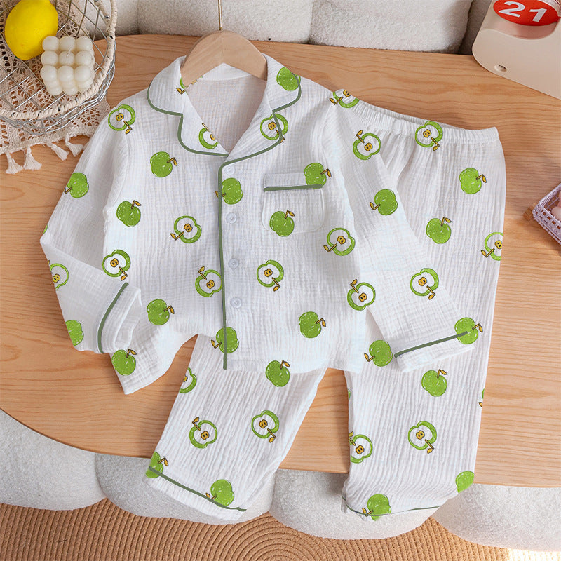 Children's Pajamas Class a Pure Cotton Printed Long-Sleeved Cardigan Lapel Set Cartoon Printed Pajamas Cute Kidsren's Clothing Set