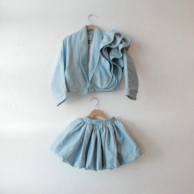 2025 Ins European and American Style Spring and Autumn Girls' Cotton One-Sided Lace Jacket + Petal Skirt Children's Two-Piece Set