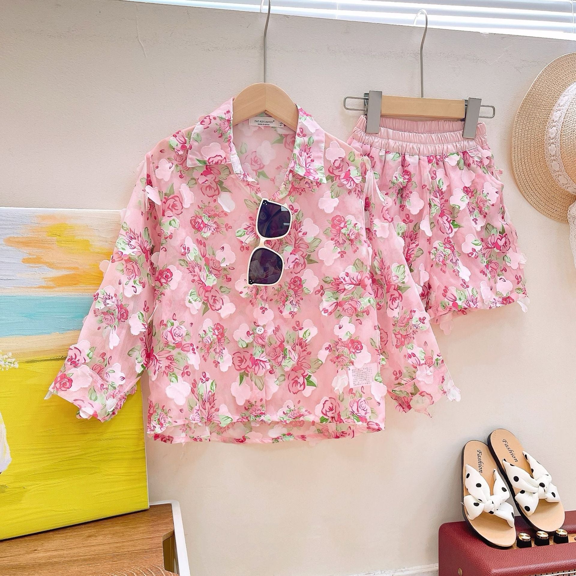Girls' Korean-Style Floral Sun Protection Clothing Set 2026 Summer New Baby Long-Sleeved Shirt + Shorts Two-Piece Set
