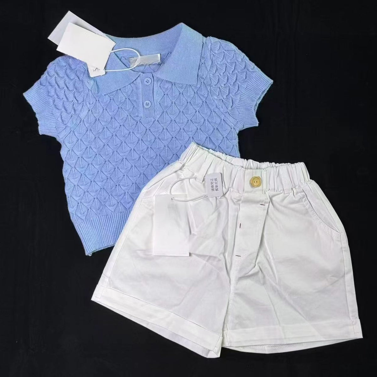 Korean Style Children's Clothing 2026 Summer New Stylish Blue Thin Quilted Hollow-Out Knit Short-Sleeve Casual Pants for Boys and Girls