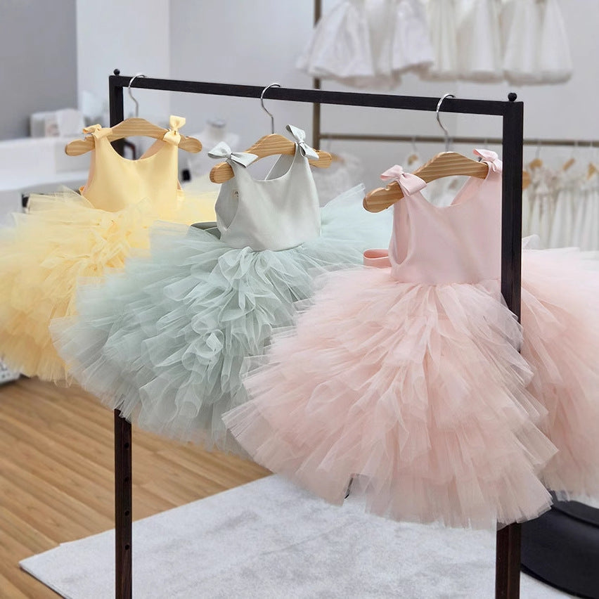 New Korean Style Mesh Baby Girl's One-Year-Old Dress, Birthday Style Flower Girl Princess Dress, Fluffy Gauze Cake Dress