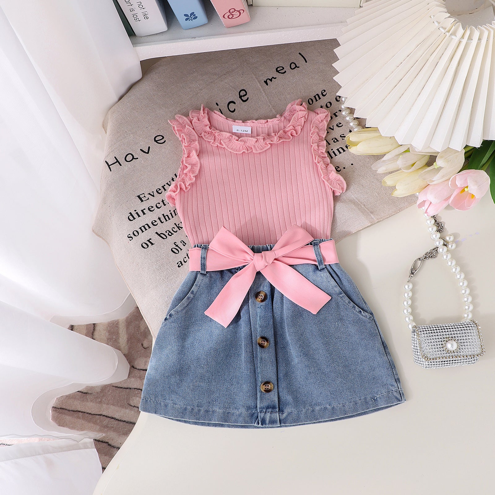 Girls' Ribbed Tank Top and Denim Skirt Set - New European and American Style