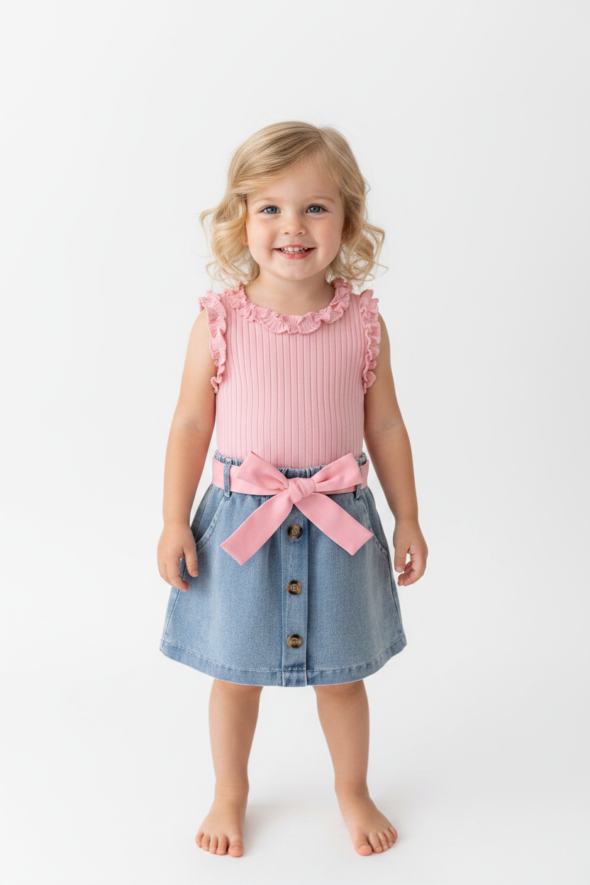 Girls' Ribbed Tank Top and Denim Skirt Set - New European and American Style