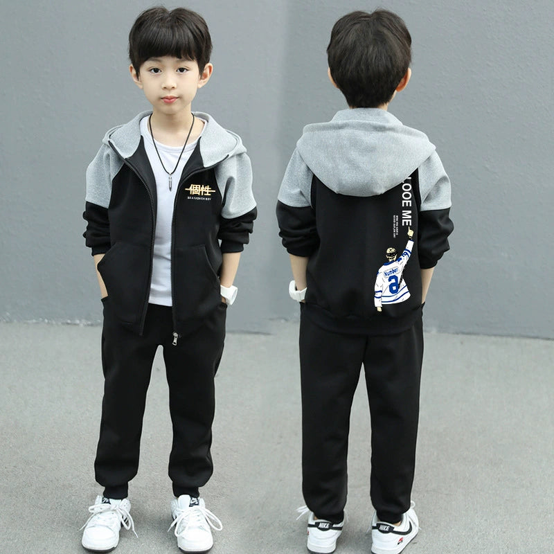 Handsome Boy's Hooded Casual Jacket Boy's Spring and Autumn Wear Sports suit Trendy New Style Mid-Big Kids Fashionable Two-piece Set