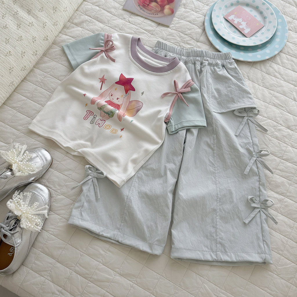 Orange Brand Girls' 2026 New Summer Trendy Stylish Bow Sleeve T-Shirt and Pants Cool Set