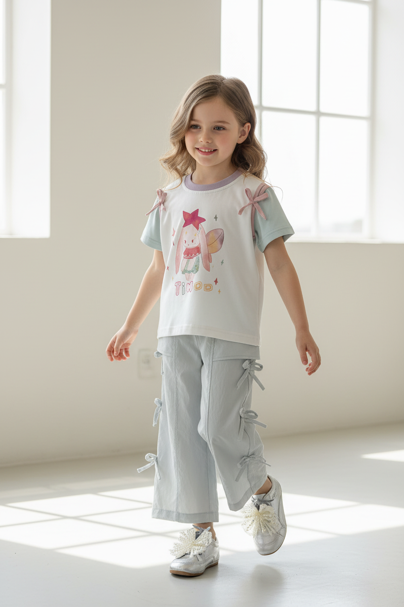 Orange Brand Girls' 2026 New Summer Trendy Stylish Bow Sleeve T-Shirt and Pants Cool Set