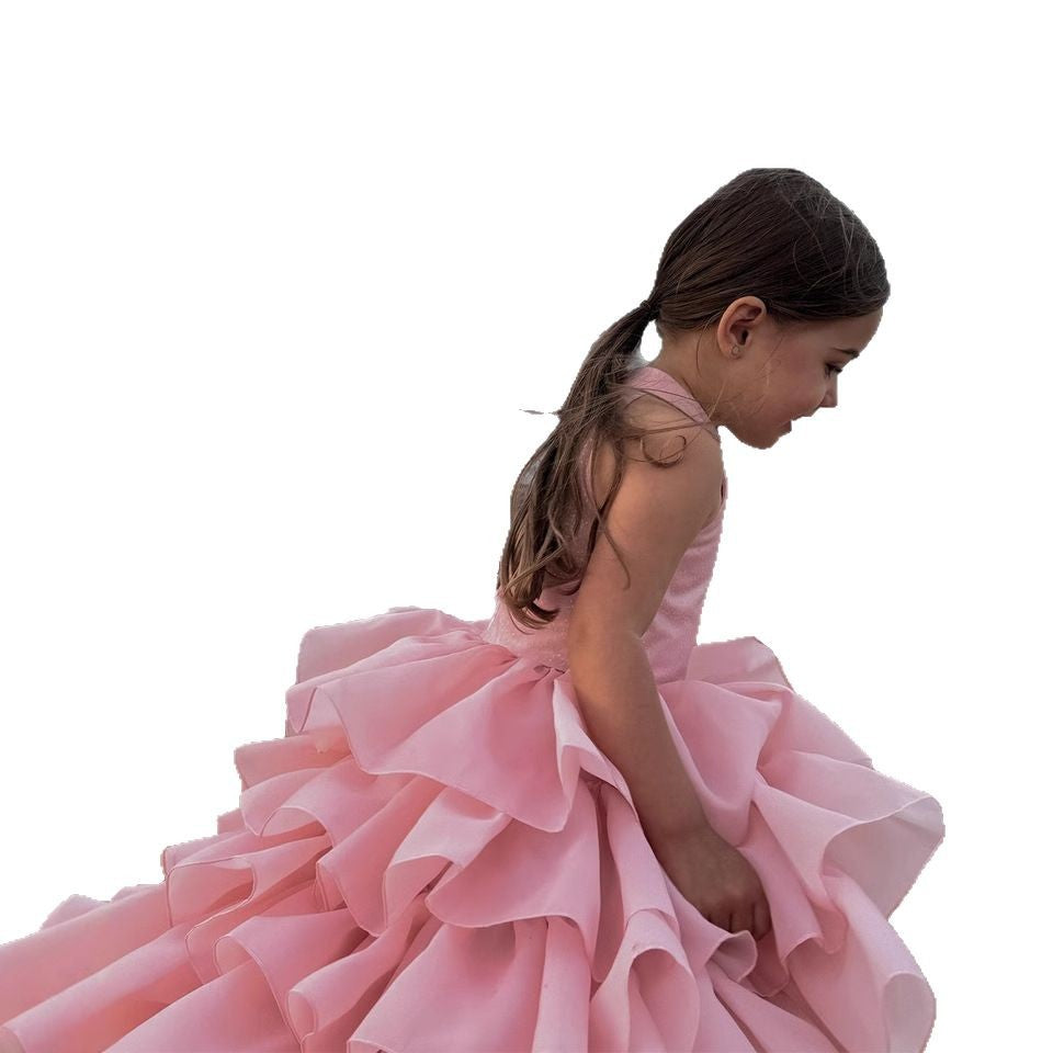 Halter Neck Sweet Cake Dress 2026 Spring New Style Light Pink Fashionable Sleeveless Children's Runway Dress Factory Product