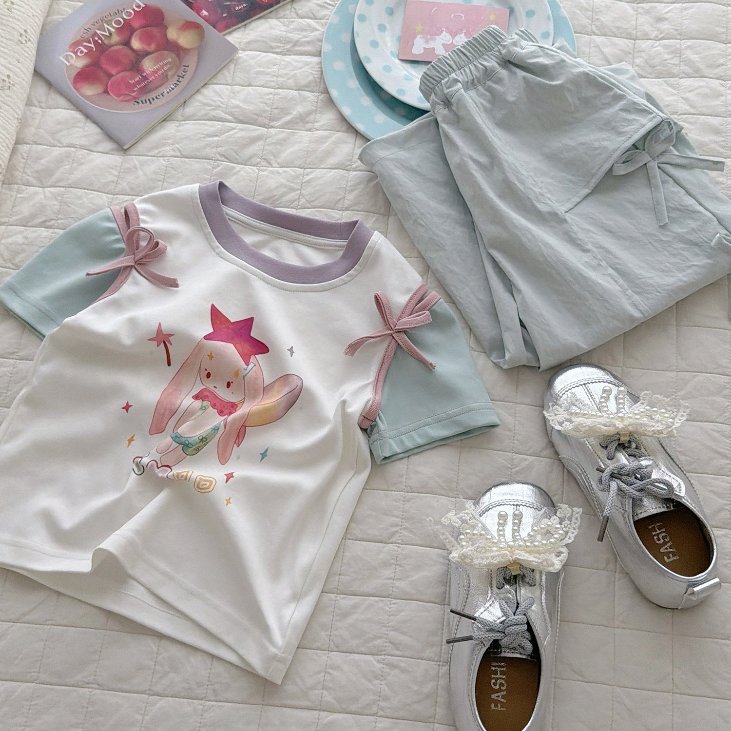 Orange Brand Girls' 2026 New Summer Trendy Stylish Bow Sleeve T-Shirt and Pants Cool Set