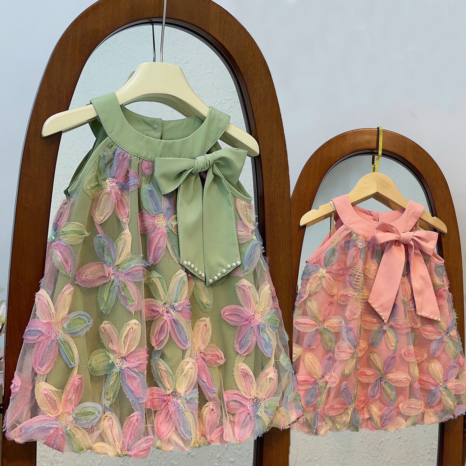 2026 New Summer Style Girls' Korean-Style Three-Dimensional Petal Patchwork Ultra-Fairy Large Bow Pearl Stylish Dress