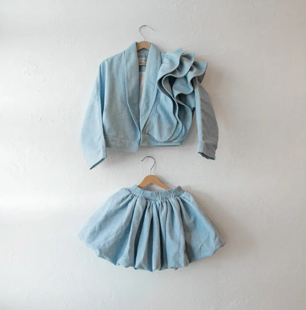 2025 Ins European and American Style Spring and Autumn Girls' Cotton One-Sided Lace Jacket + Petal Skirt Children's Two-Piece Set