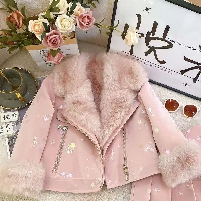 Girls' Winter Outfit 2026 New Children's Leather Jacket Winter Korean Style Thickened Jacket Pleated Skirt Two-Piece Set