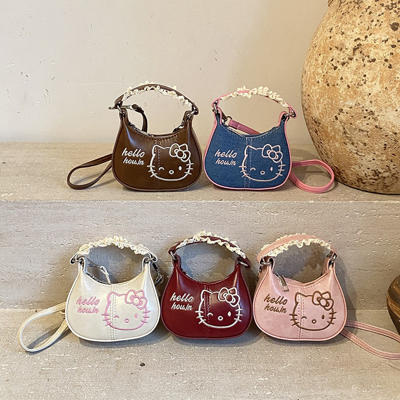 Children's Bag New Cartoon Cute Kitten Embroidered Mini Armpit Bag Girls Parent-Child Lace Hand-Held Crossbody Bag