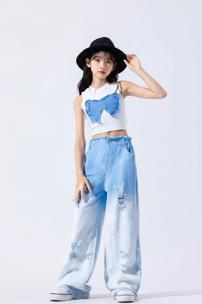 Ancorelala Girls Summer Suit 2026 Children's Sleeveless Ripped Jeans Two-Piece Set Medium and Large Clothes