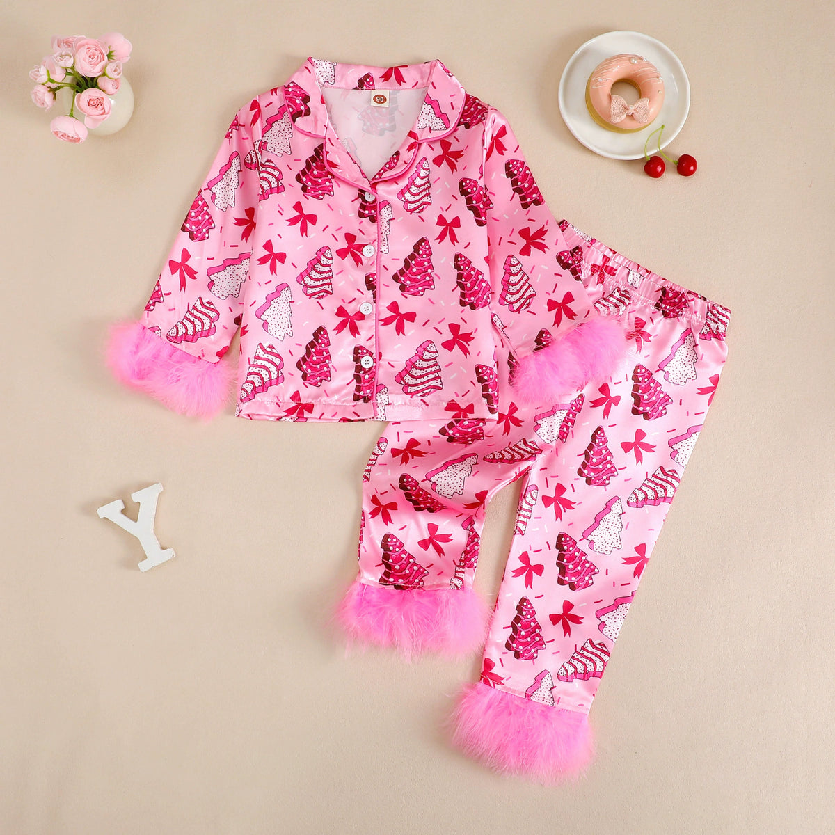 Children's Bow-Knot Pajama Set, Sweet and Casual Long-Sleeved Christmas Printed Fringed Home Wear, Cute Style