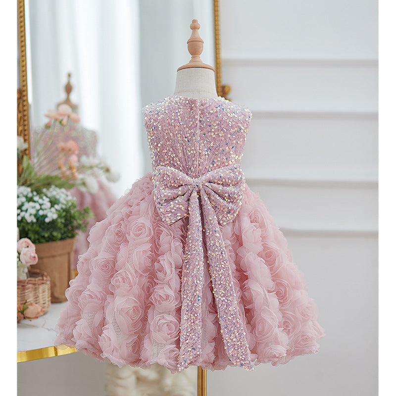 Little Girl Rose Princess Dress Accessible Luxury Birthday Sequin Dress Spring Kidsren's Pink Puffy One-Year-Old Dress
