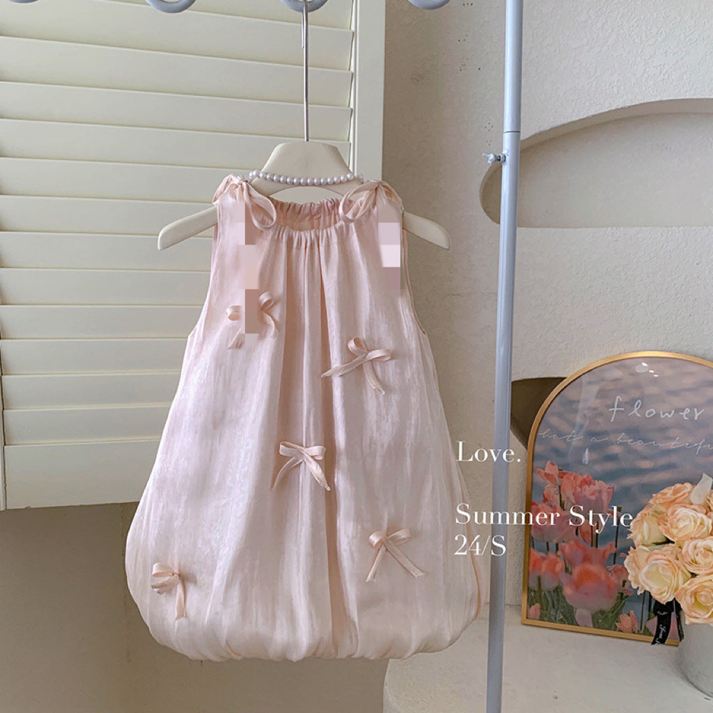 Disney-Inspired Girls' Summer Bow & Floral Princess Dress - Korean Style