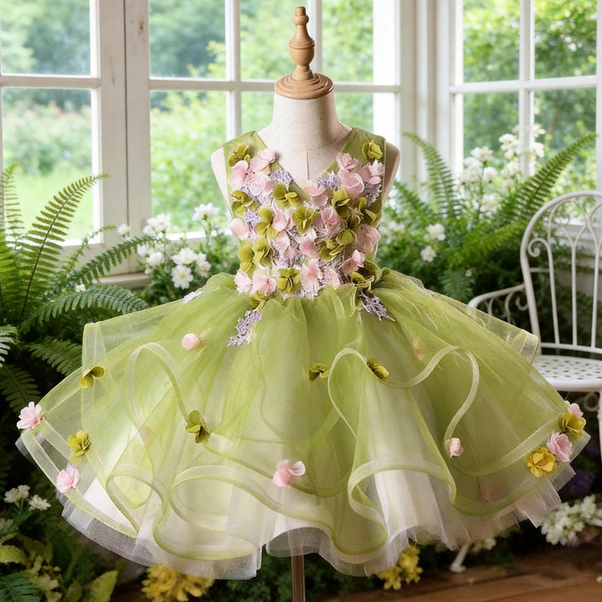 Forest-Style Little Girl Princess Dress with Puffy Tulle, High-End Birthday Flower Girl Wedding Dress, Children's Host Piano Flower Fairy Gown