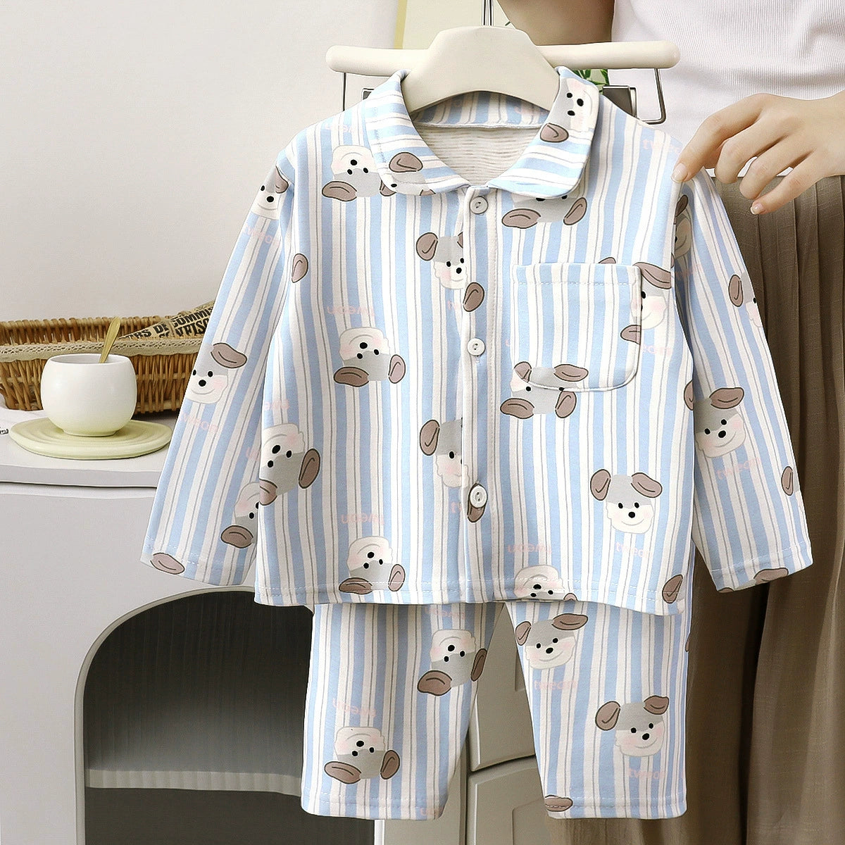 Children's Autumn and Winter Pajamas, Boys' and Girls' Wool and Silk Home Wear Set, Toddler's Turn-down Collar Cardigan Two-piece Set