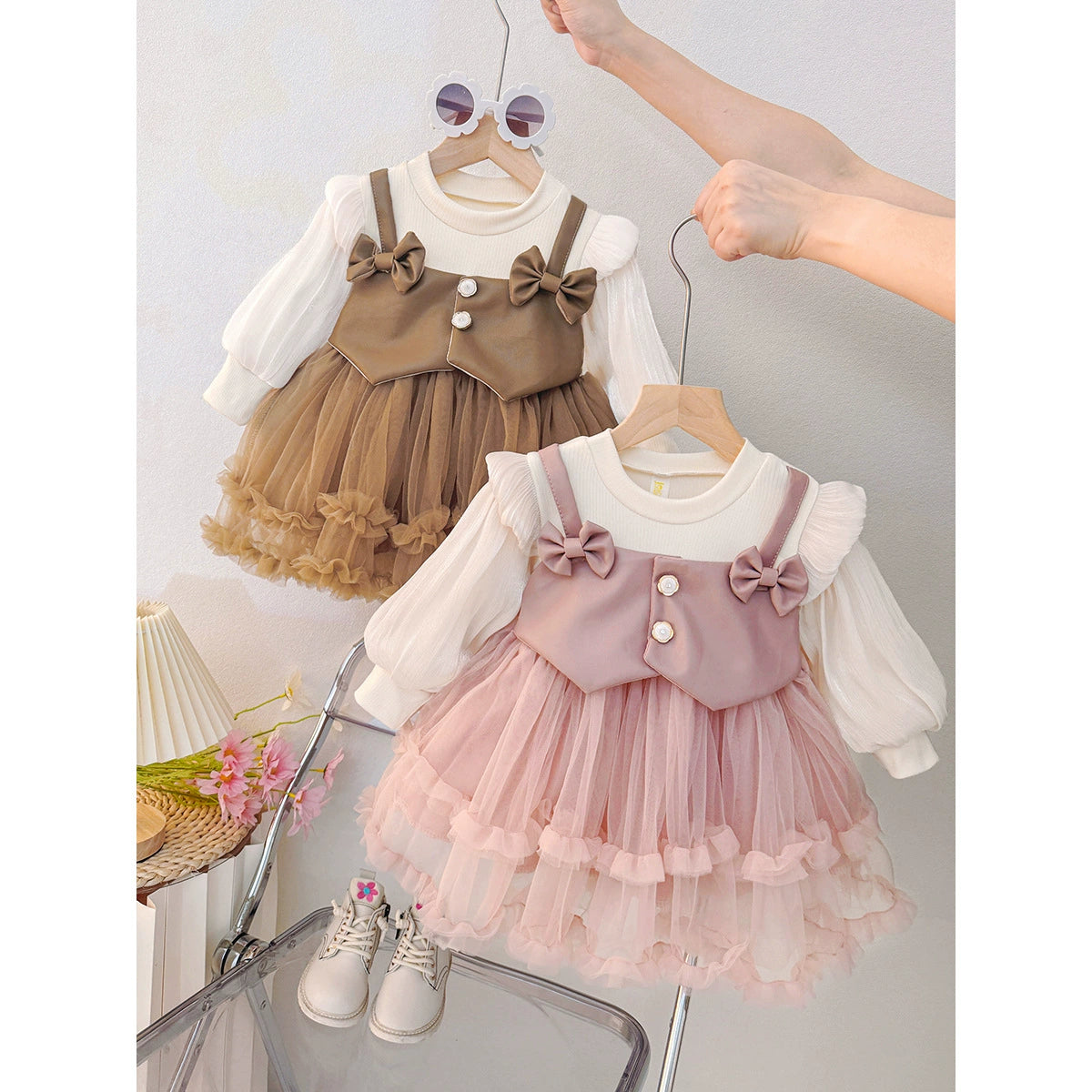 Spring Girls Dress 2025 New Mesh Long-Sleeved Spring Korean Style Fashionable Pure Color Foreign Style Baby Girl Skirt