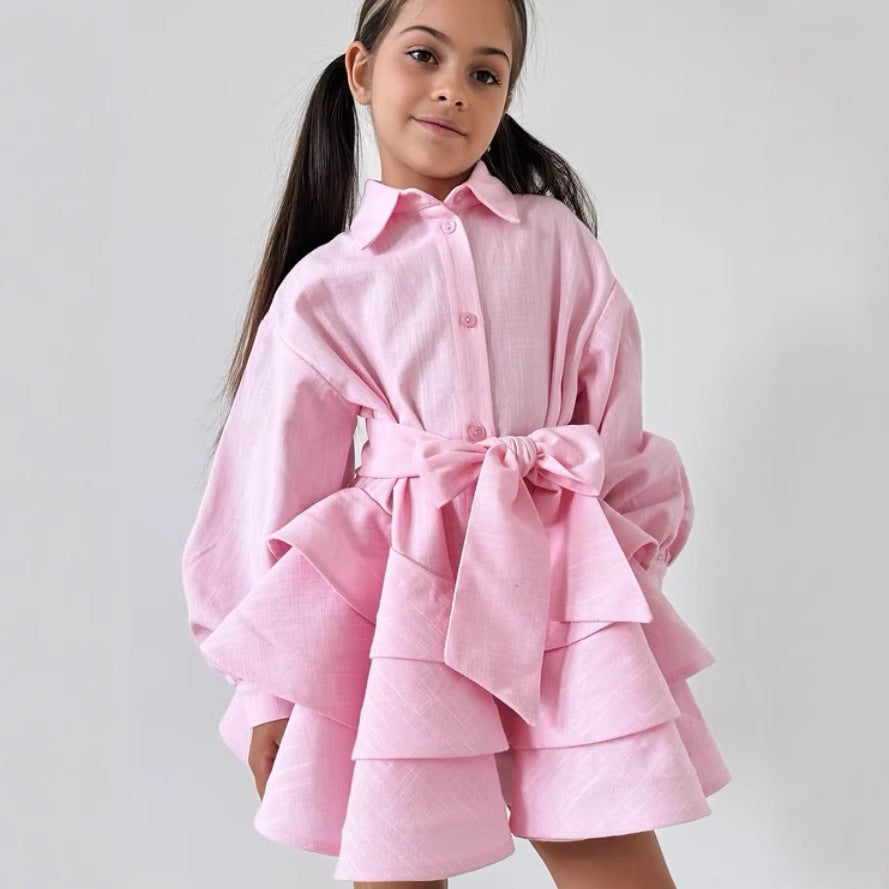 2025 Ins Russian Girls Linen Fashion Ruffled Princess Dress Jk Belt Elegant Lapel Dress