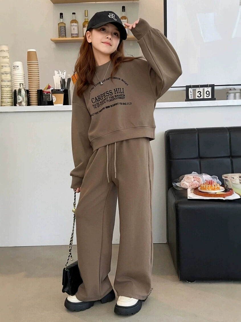 Rantuo Children's Clothing 2026 New Girls' Spring and Autumn Set: Long Pants and Long Sleeve Printed Two-Piece Set with Drawstring, Loose Fit, Cross-Border