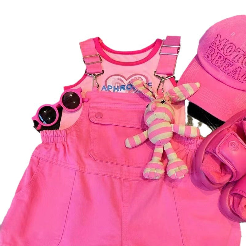Girls' Summer Casual Overalls Stylish Rose Red Suspender Pants 2026 New Model for Older Children Loose and Versatile